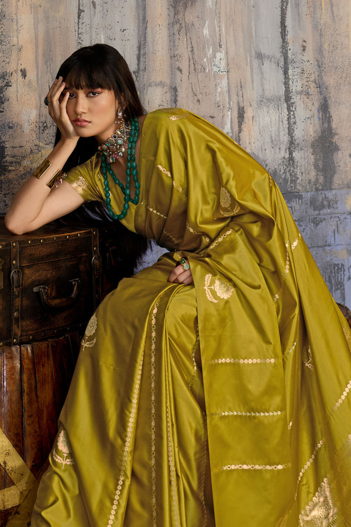 Attractive Mustard Color Handloom Weaving Satin Saree