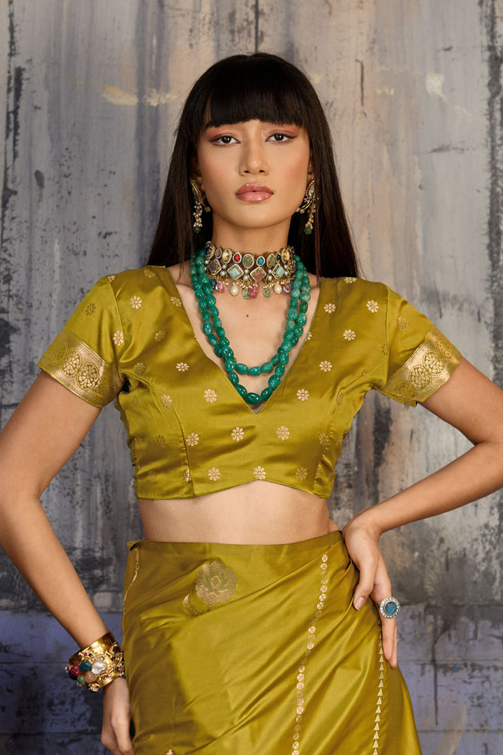 Attractive Mustard Color Handloom Weaving Satin Saree