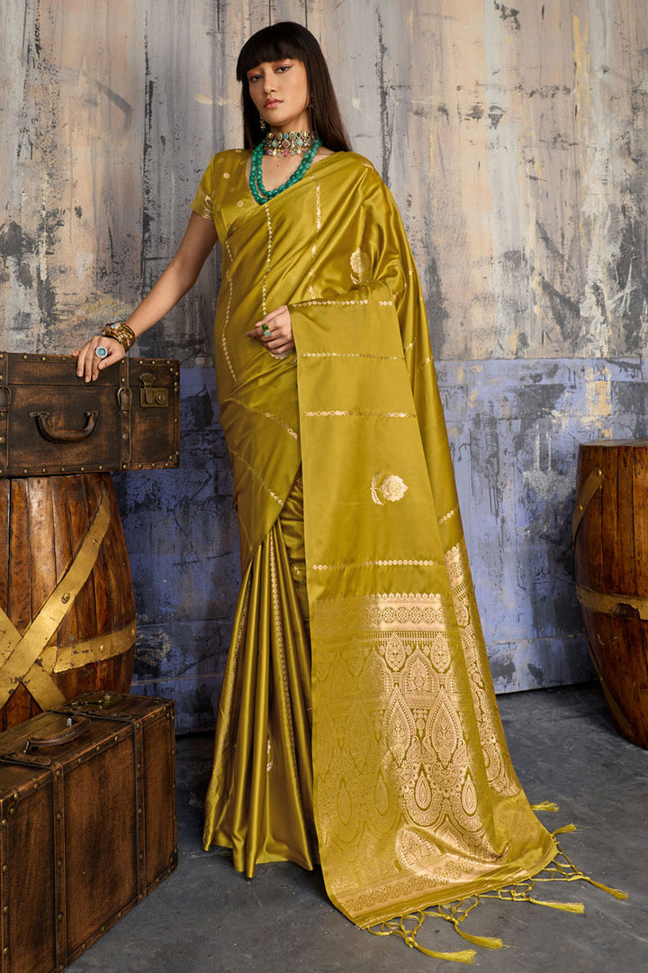 Attractive Mustard Color Handloom Weaving Satin Saree
