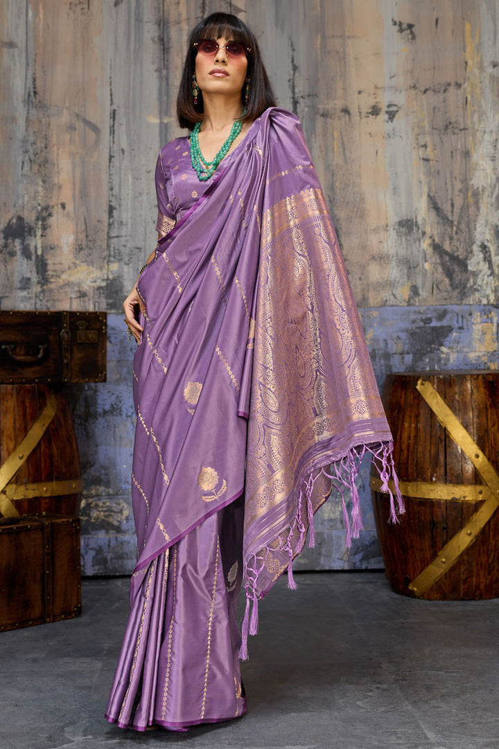 Radiant Lavender Handloom Weaving Satin Saree
