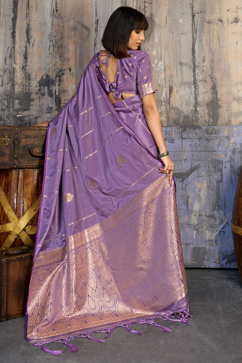 Radiant Lavender Handloom Weaving Satin Saree