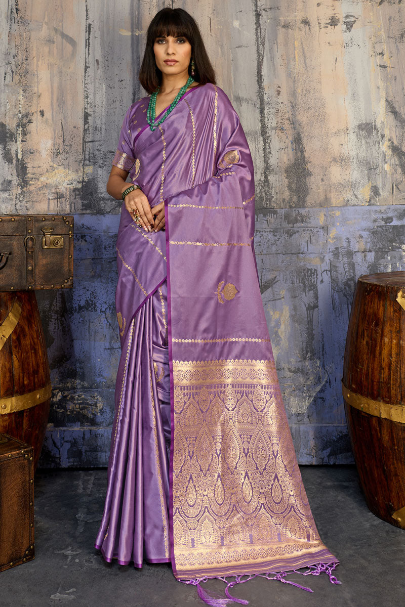 Radiant Lavender Handloom Weaving Satin Saree