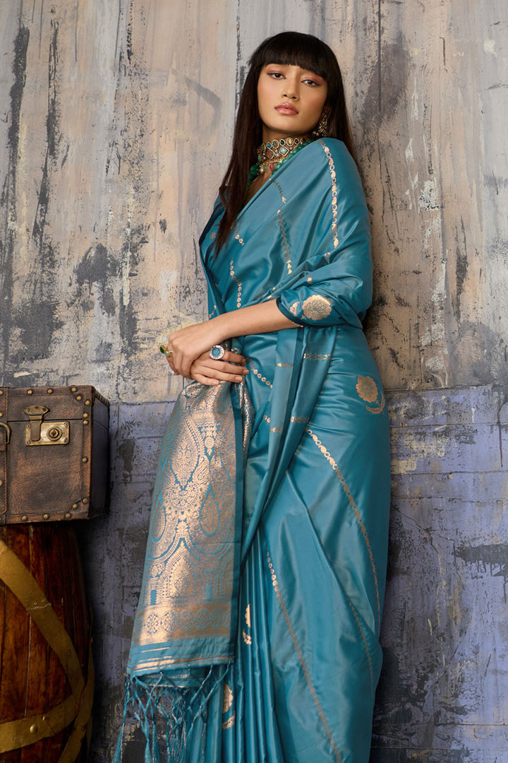 Cyan Color Handloom Weaving Satin Saree
