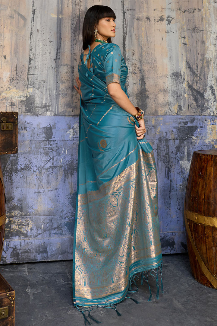 Cyan Color Handloom Weaving Satin Saree