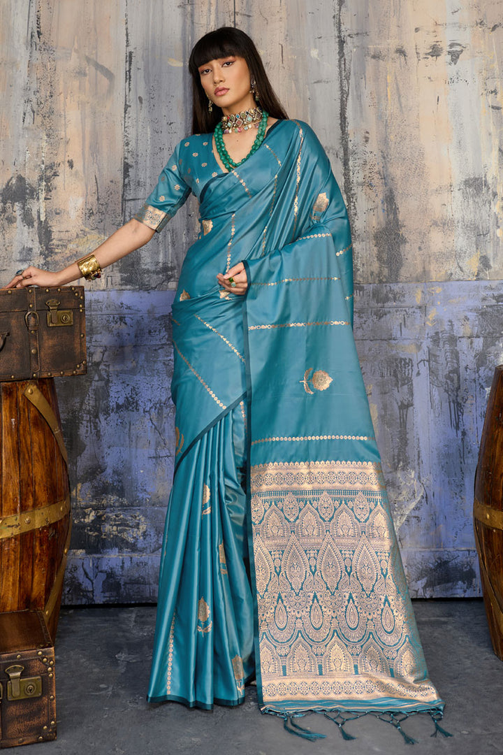 Cyan Color Handloom Weaving Satin Saree