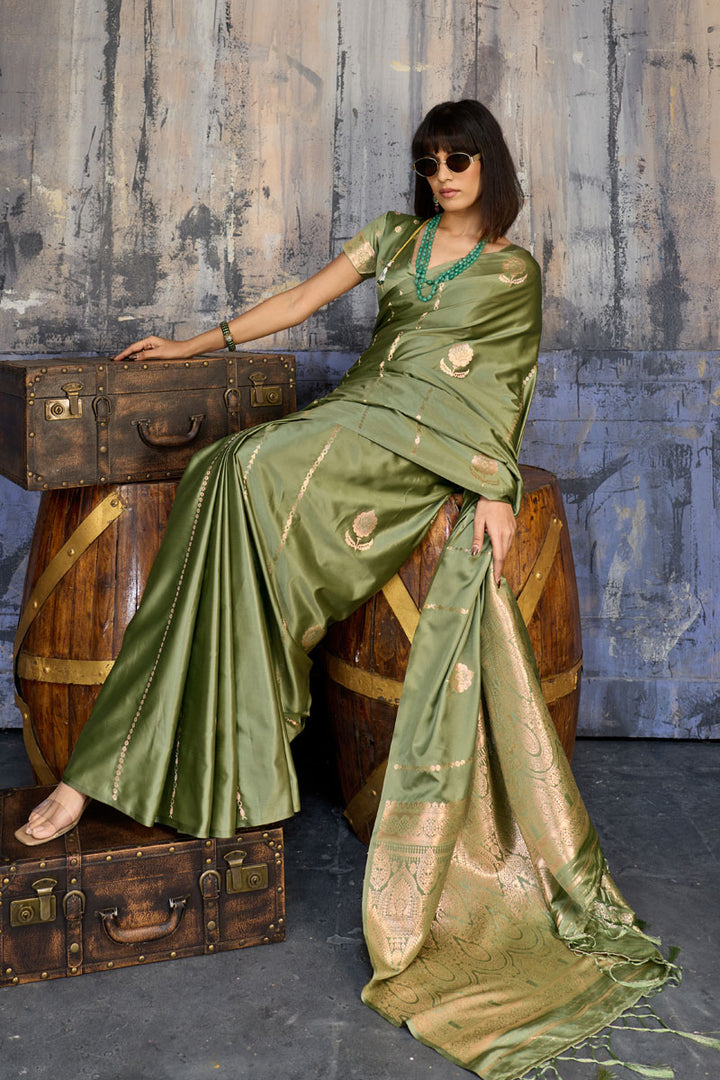 Graceful Handloom Weaving Olive Color Satin Saree