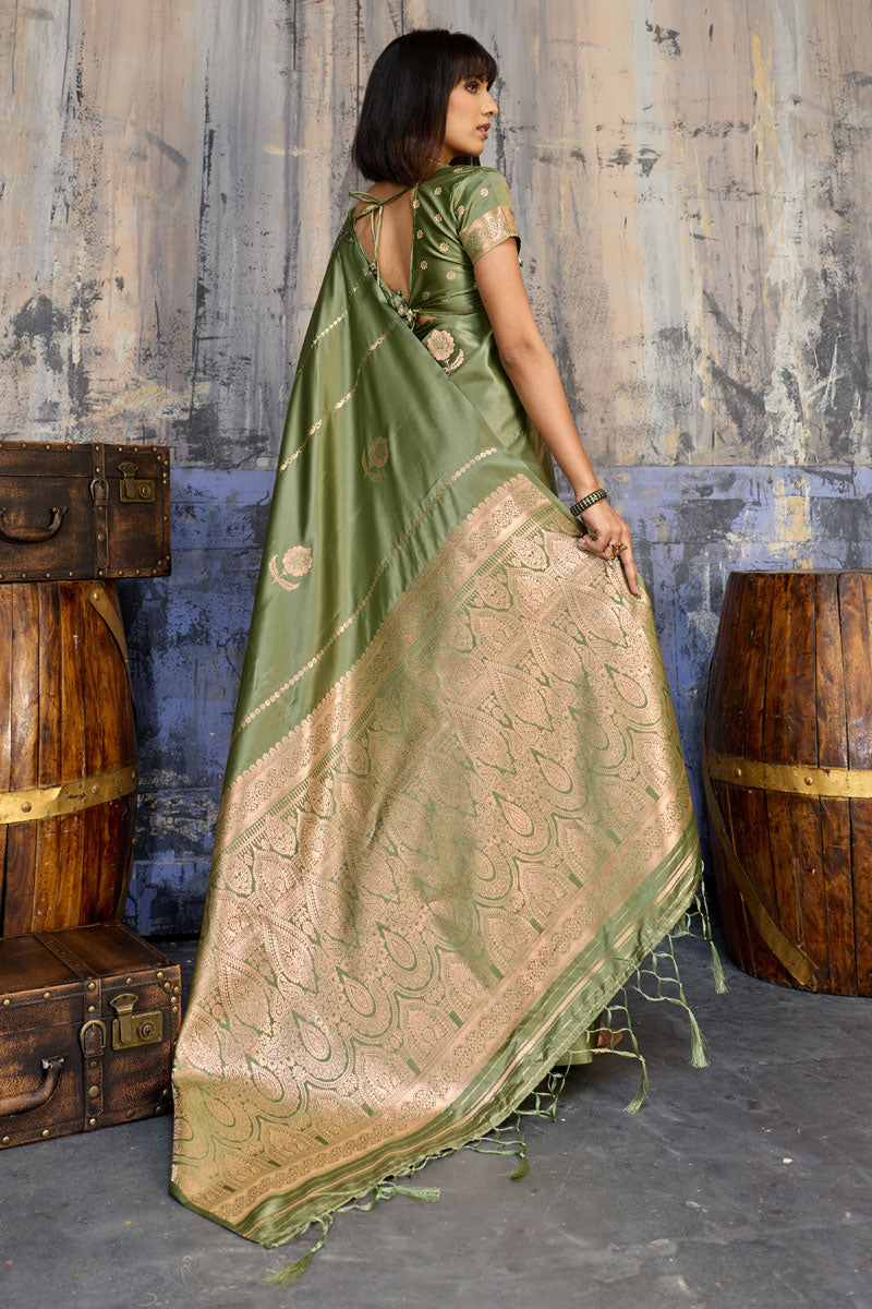 Graceful Handloom Weaving Olive Color Satin Saree