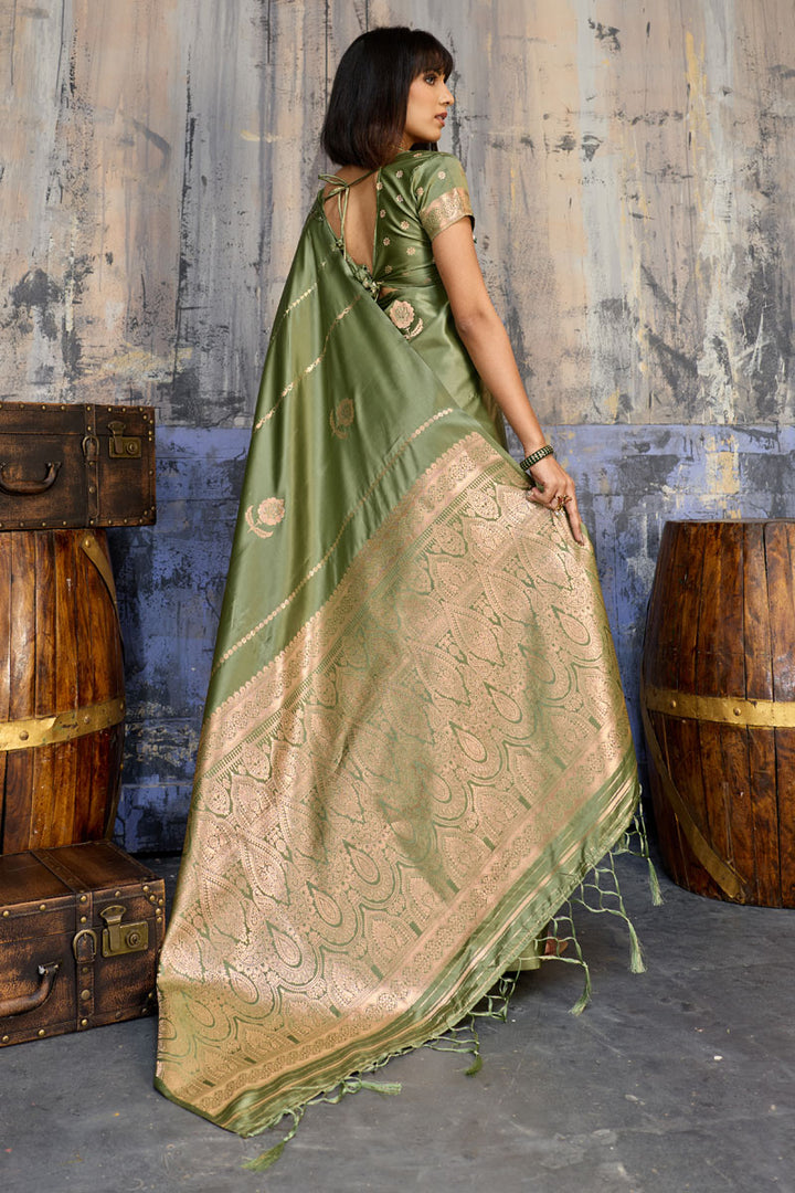 Graceful Handloom Weaving Olive Color Satin Saree