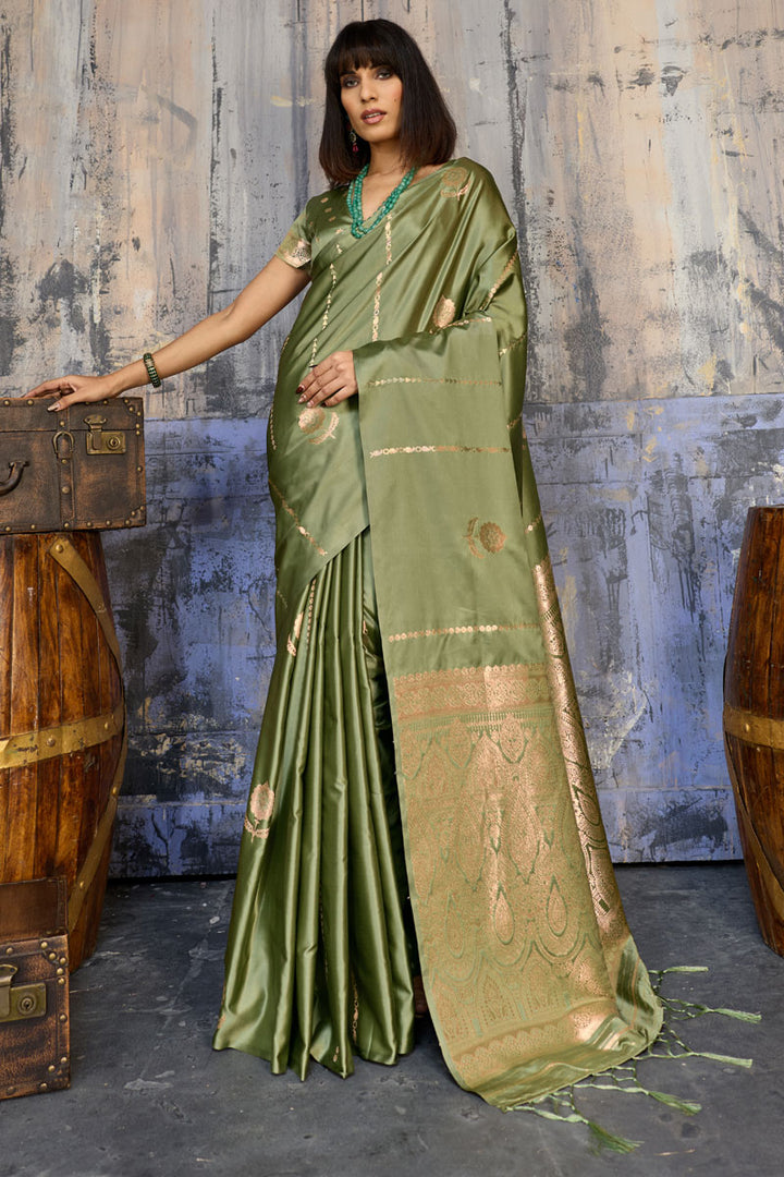 Graceful Handloom Weaving Olive Color Satin Saree
