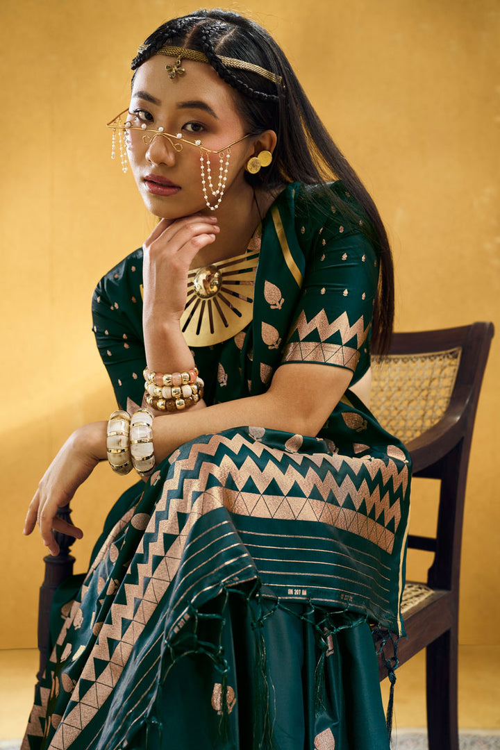 Satin Fabric Dark Green Color Party Look Saree