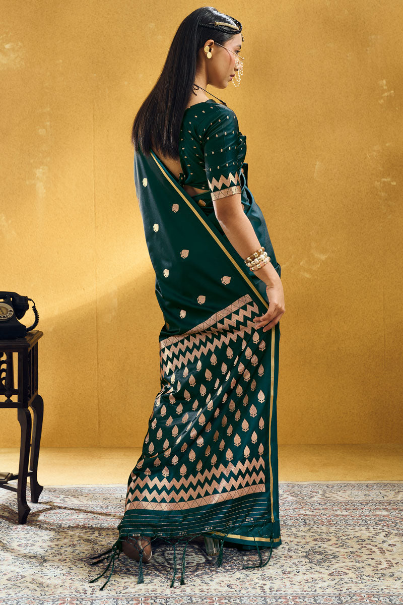 Satin Fabric Dark Green Color Party Look Saree