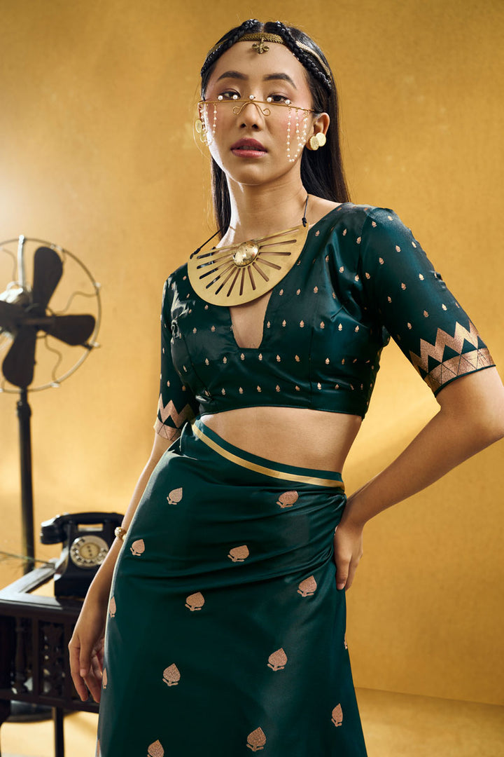 Satin Fabric Dark Green Color Party Look Saree