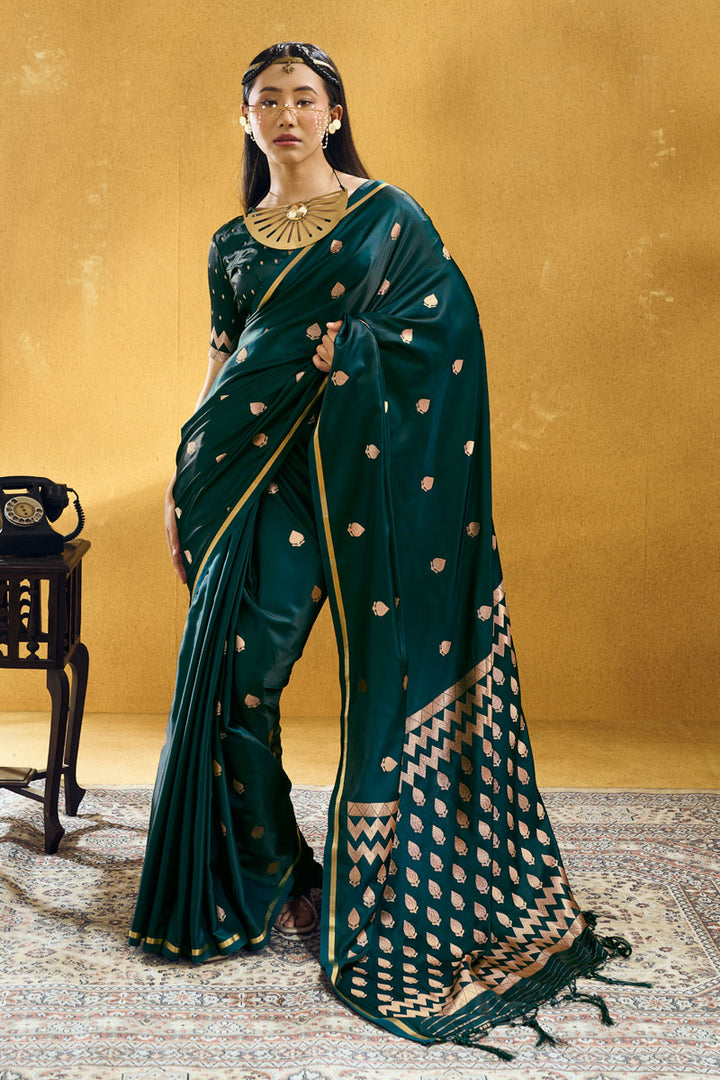 Satin Fabric Dark Green Color Party Look Saree