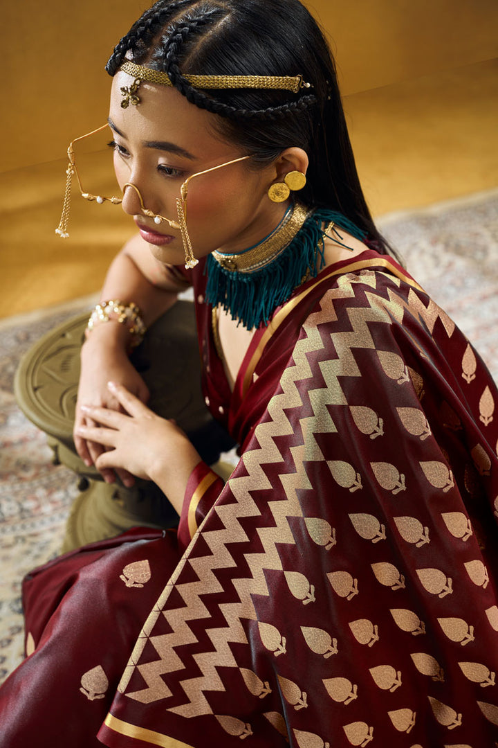 Satin Fabric Brown Color Party Look Saree