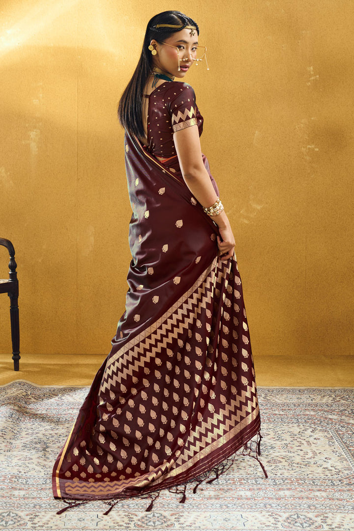 Satin Fabric Brown Color Party Look Saree