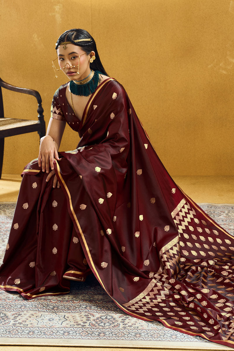 Satin Fabric Brown Color Party Look Saree
