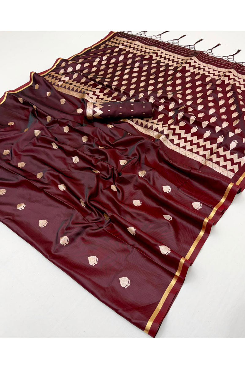 Satin Fabric Brown Color Party Look Saree