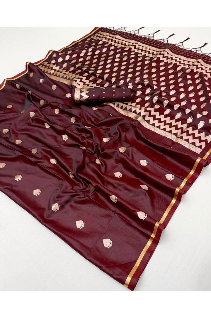 Satin Fabric Brown Color Party Look Saree