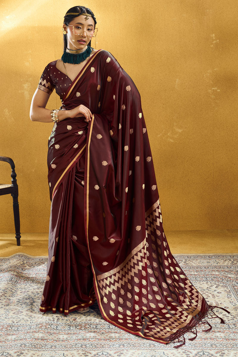 Satin Fabric Brown Color Party Look Saree