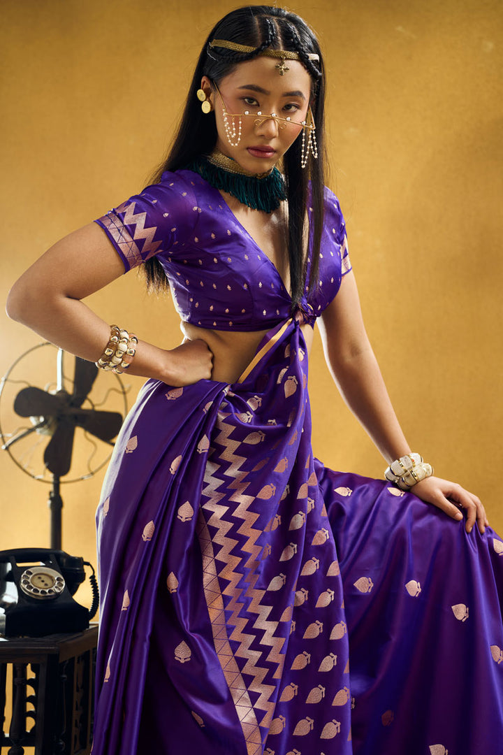 Febulous Satin Fabric Purple Color Saree For Party