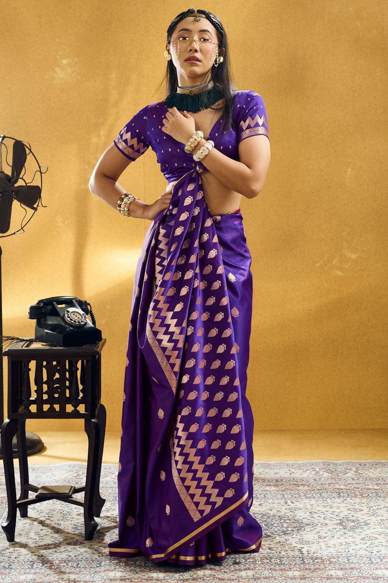 Febulous Satin Fabric Purple Color Saree For Party