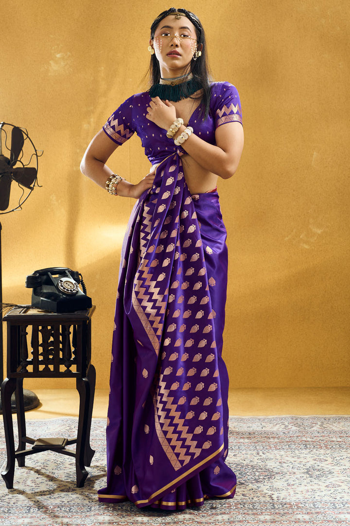Febulous Satin Fabric Purple Color Saree For Party