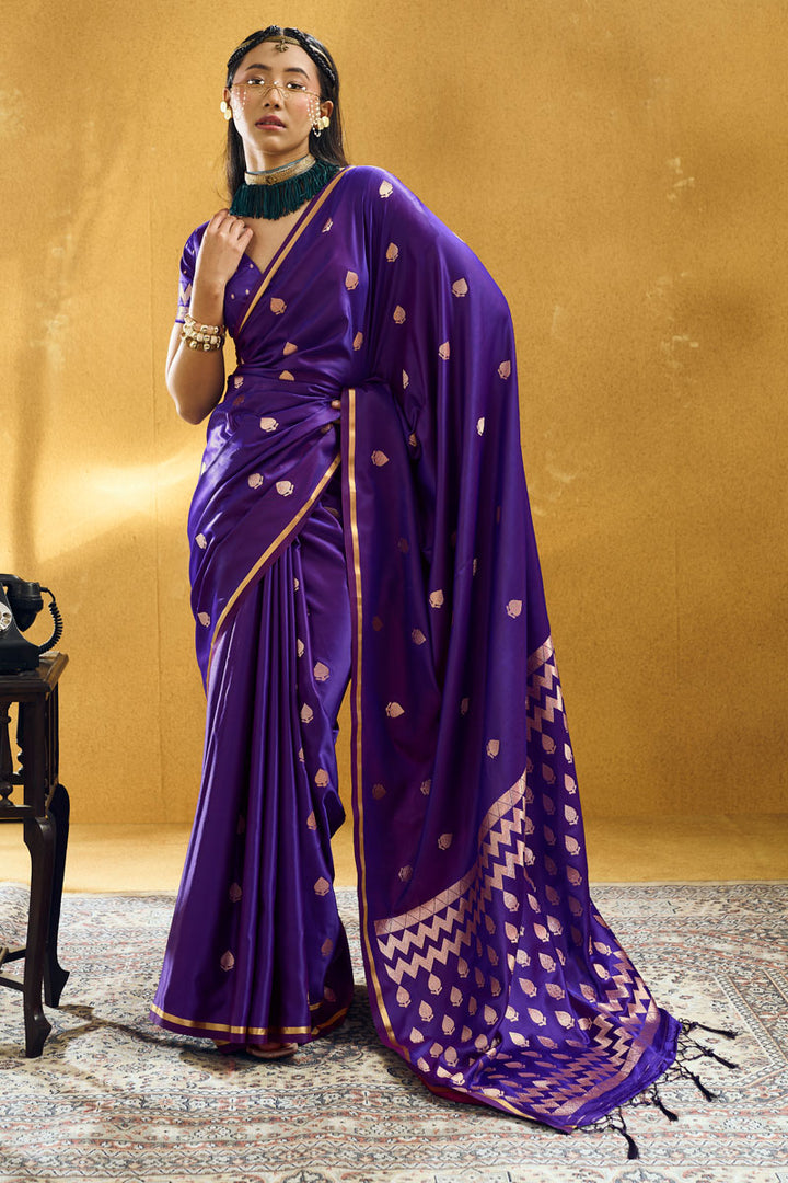 Febulous Satin Fabric Purple Color Saree For Party