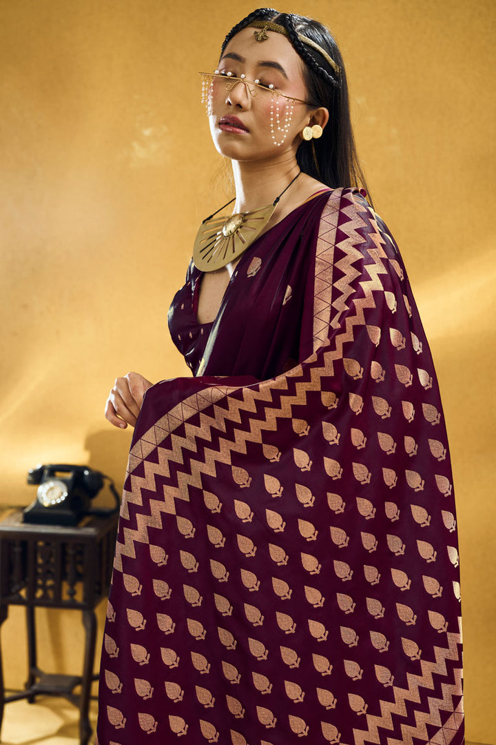 Satin Fabric Captivating Wine Color Party Style Saree