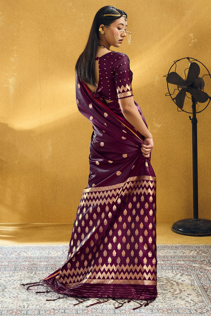 Satin Fabric Captivating Wine Color Party Style Saree