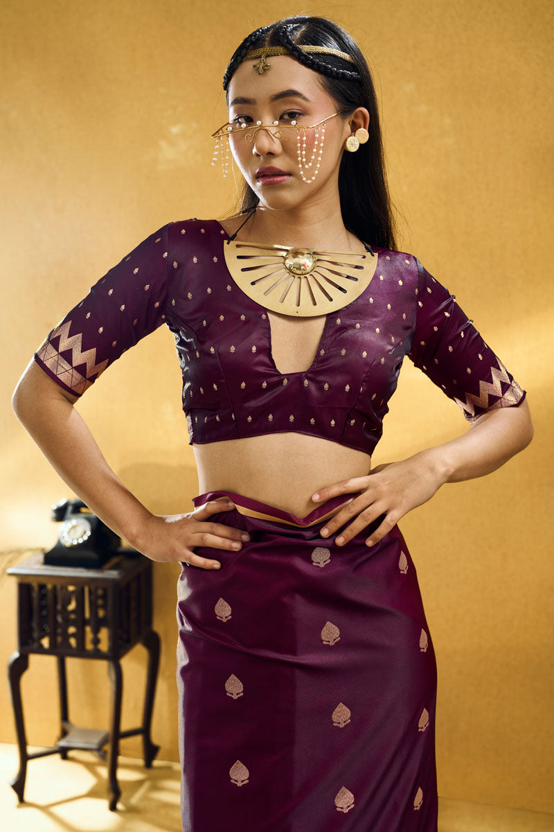 Satin Fabric Captivating Wine Color Party Style Saree