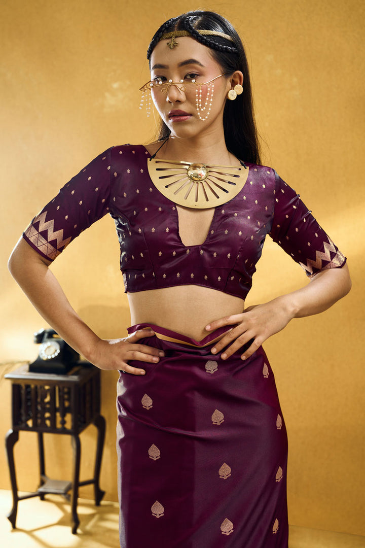 Satin Fabric Captivating Wine Color Party Style Saree