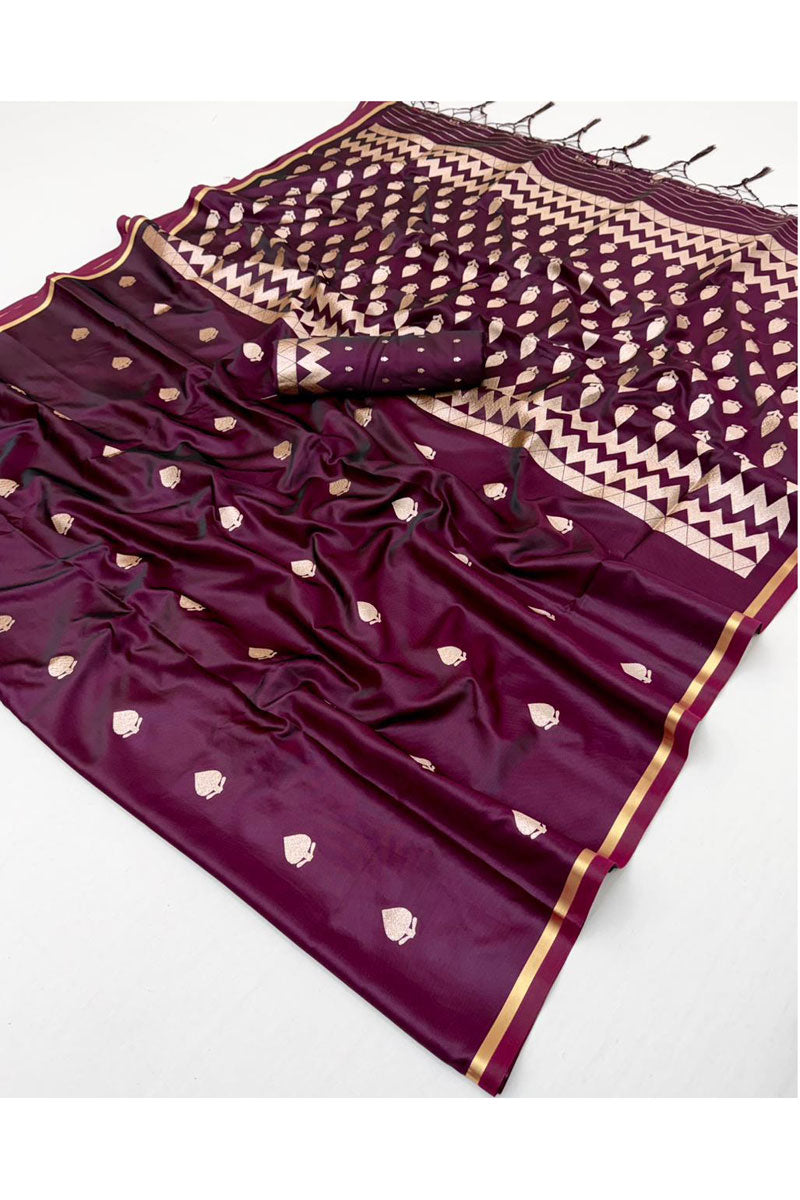 Satin Fabric Captivating Wine Color Party Style Saree