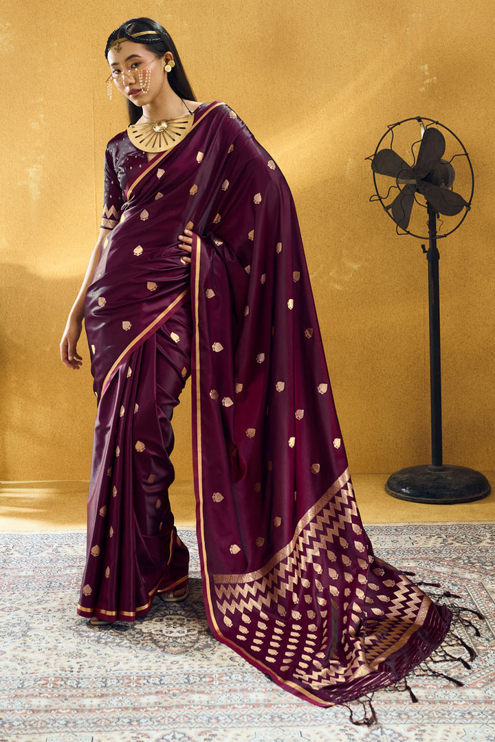 Satin Fabric Captivating Wine Color Party Style Saree