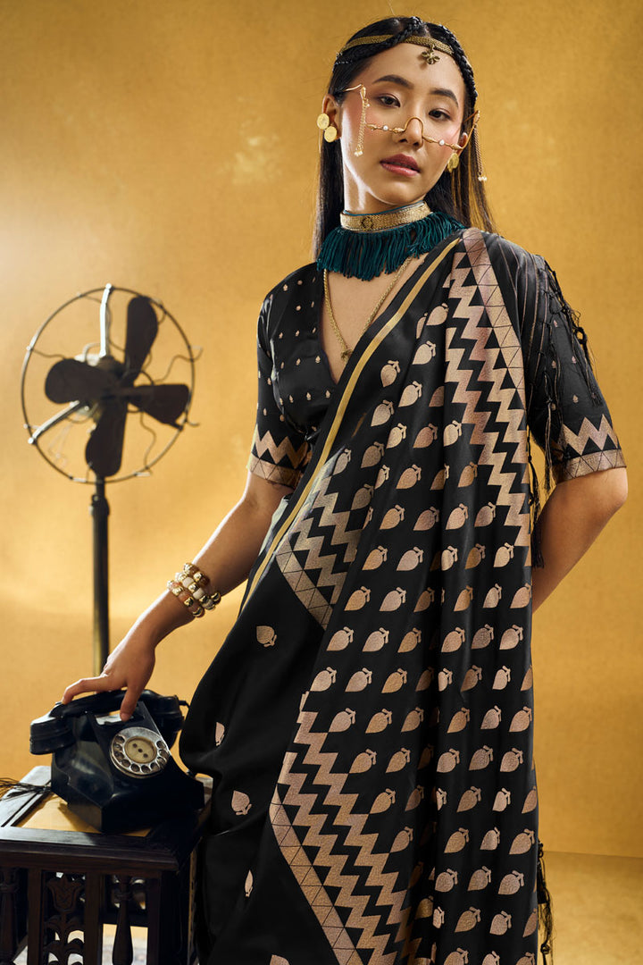 Black Color Satin Fabric Glamorous Party Saree