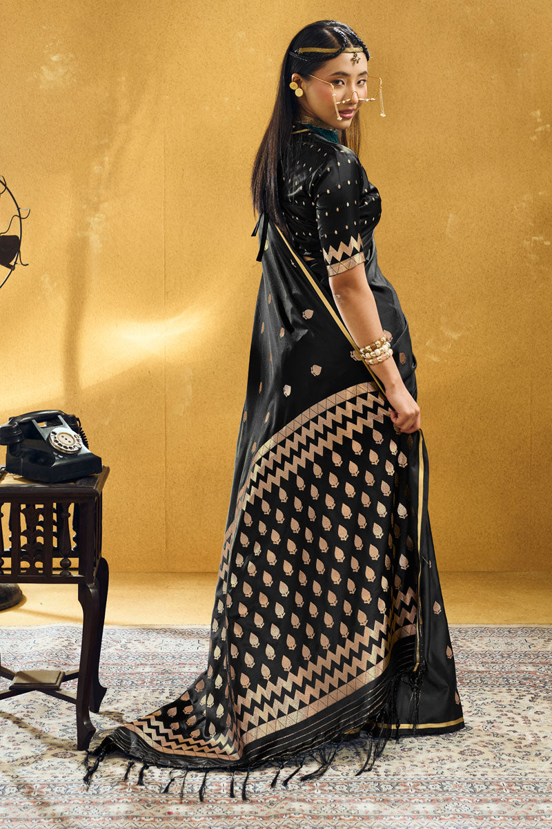 Black Color Satin Fabric Glamorous Party Saree