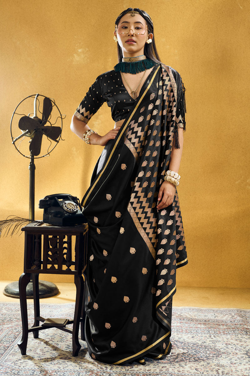 Black Color Satin Fabric Glamorous Party Saree