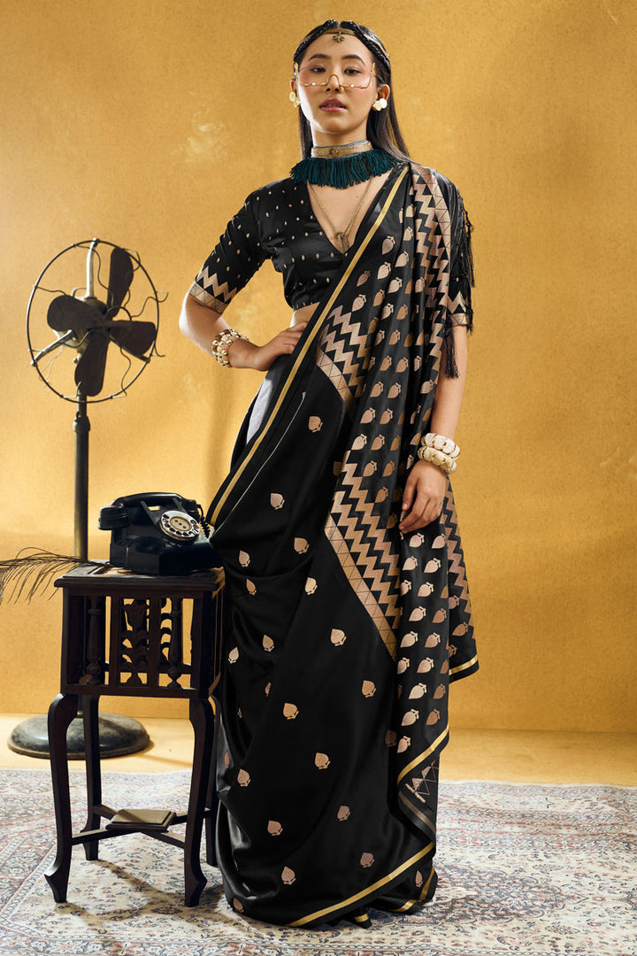 Black Color Satin Fabric Glamorous Party Saree