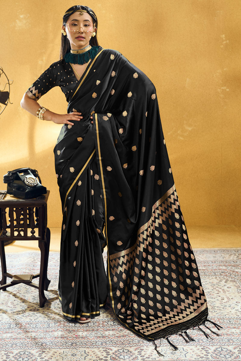 Black Color Satin Fabric Glamorous Party Saree