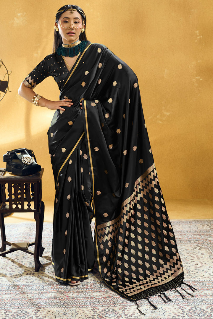 Black Color Satin Fabric Glamorous Party Saree