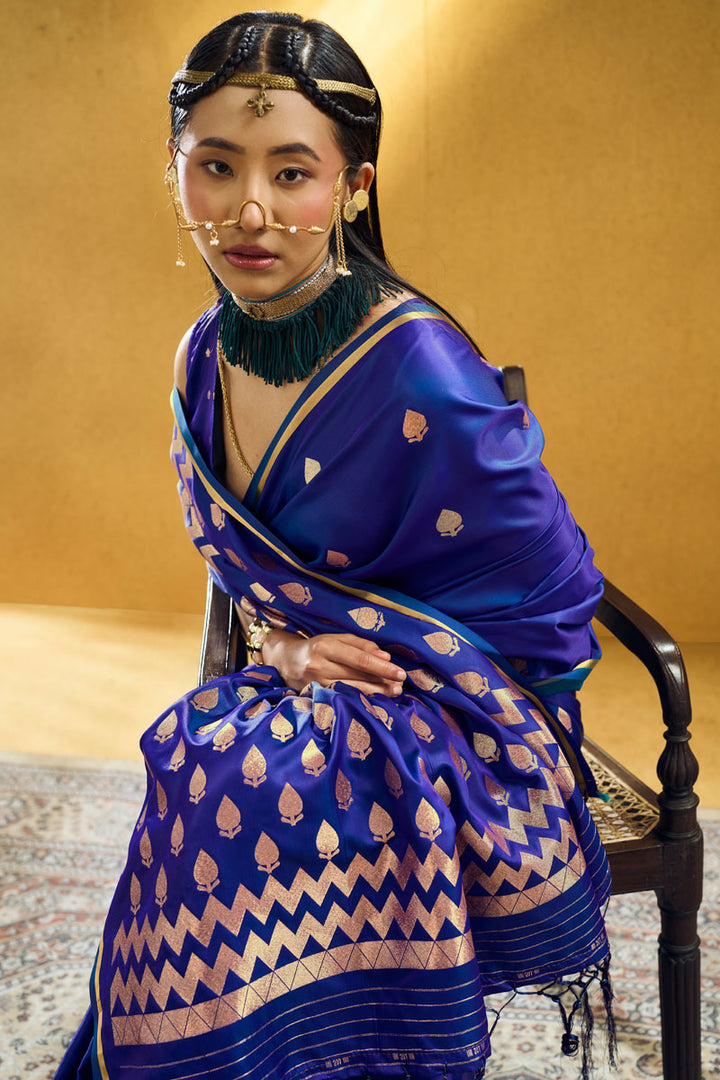 Satin Fabric Blue Color Gorgeous Look Saree for Party