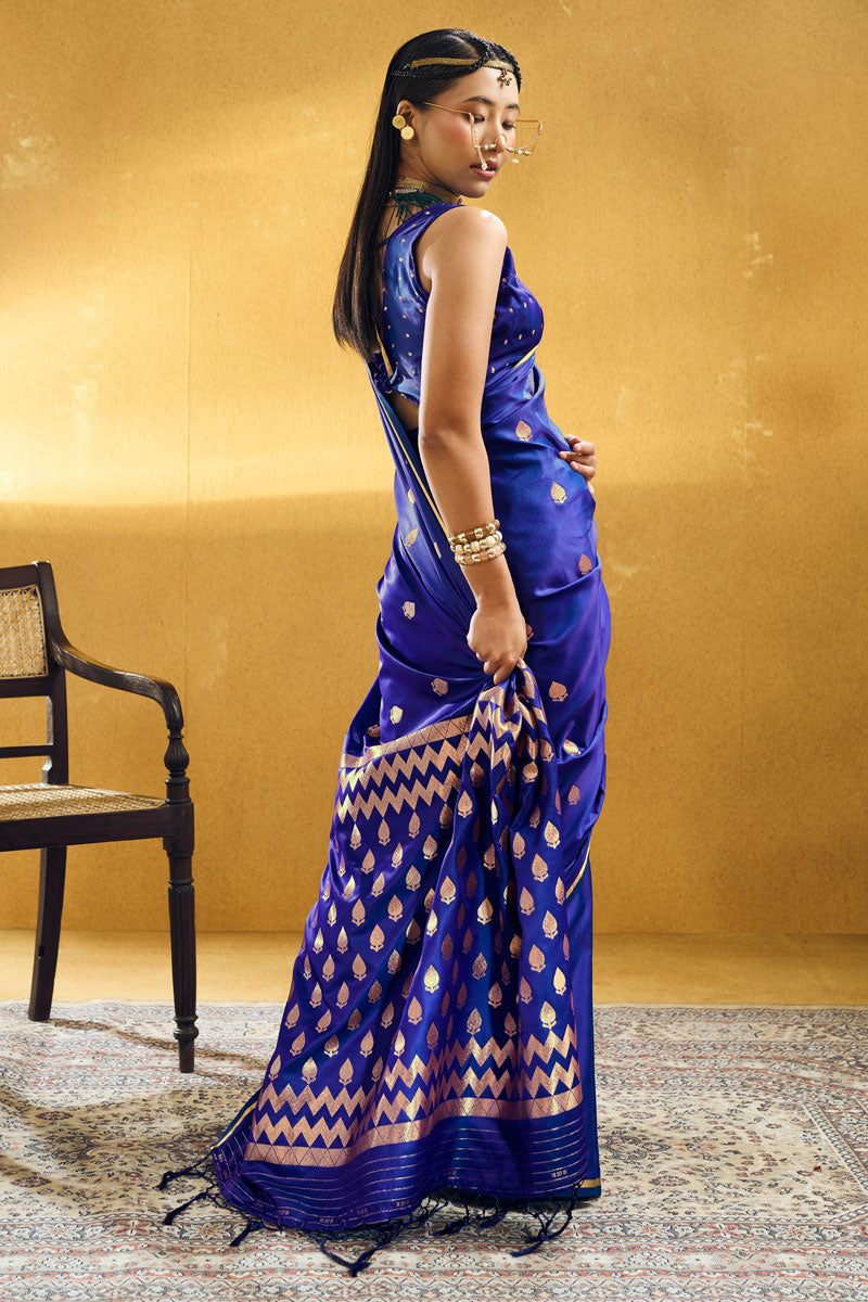 Satin Fabric Blue Color Gorgeous Look Saree for Party