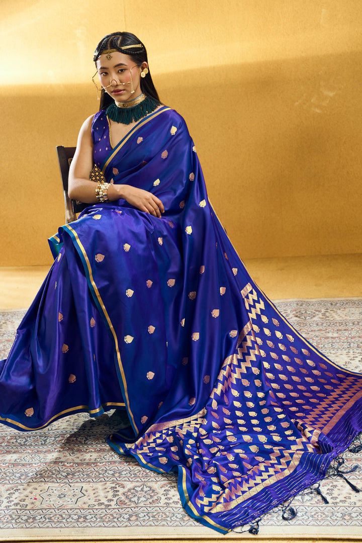 Satin Fabric Blue Color Gorgeous Look Saree for Party