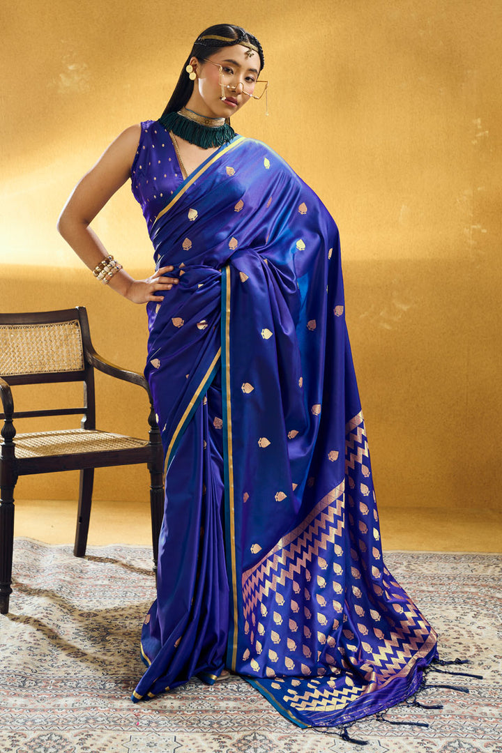 Satin Fabric Blue Color Gorgeous Look Saree for Party