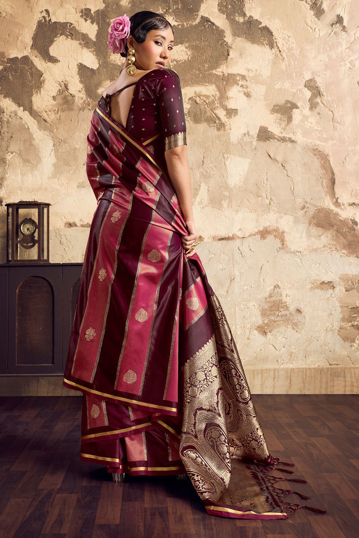 Classic Handloom Weaving Maroon Dual Tone Satin Saree
