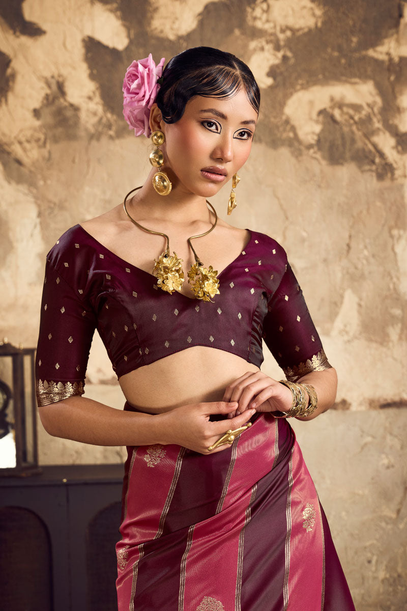 Classic Handloom Weaving Maroon Dual Tone Satin Saree