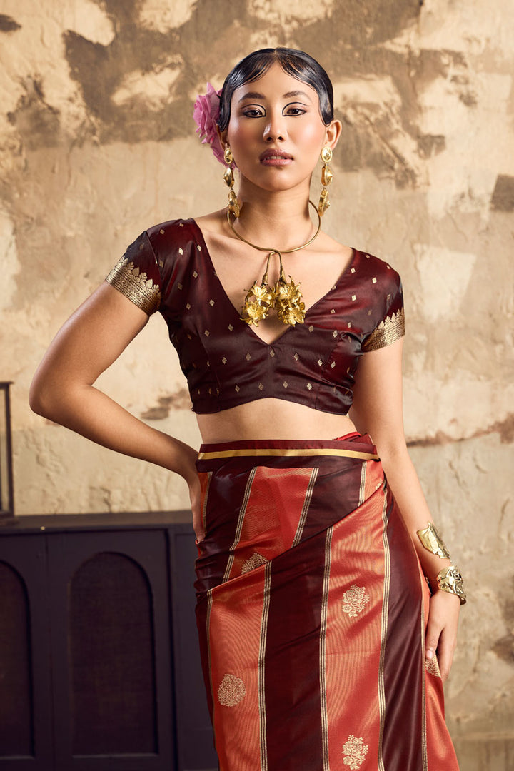 Amazing Brown Satin Dual Tone Handloom Weaving Saree
