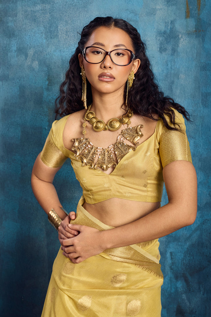 Awesome Weaving Work On Yellow Color Tissue Saree | Buy Online India