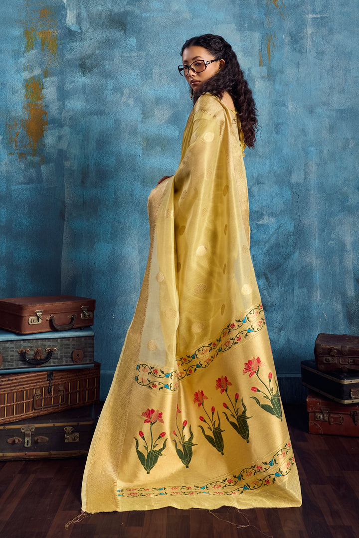 Awesome Weaving Work On Yellow Color Tissue Saree | Buy Online India