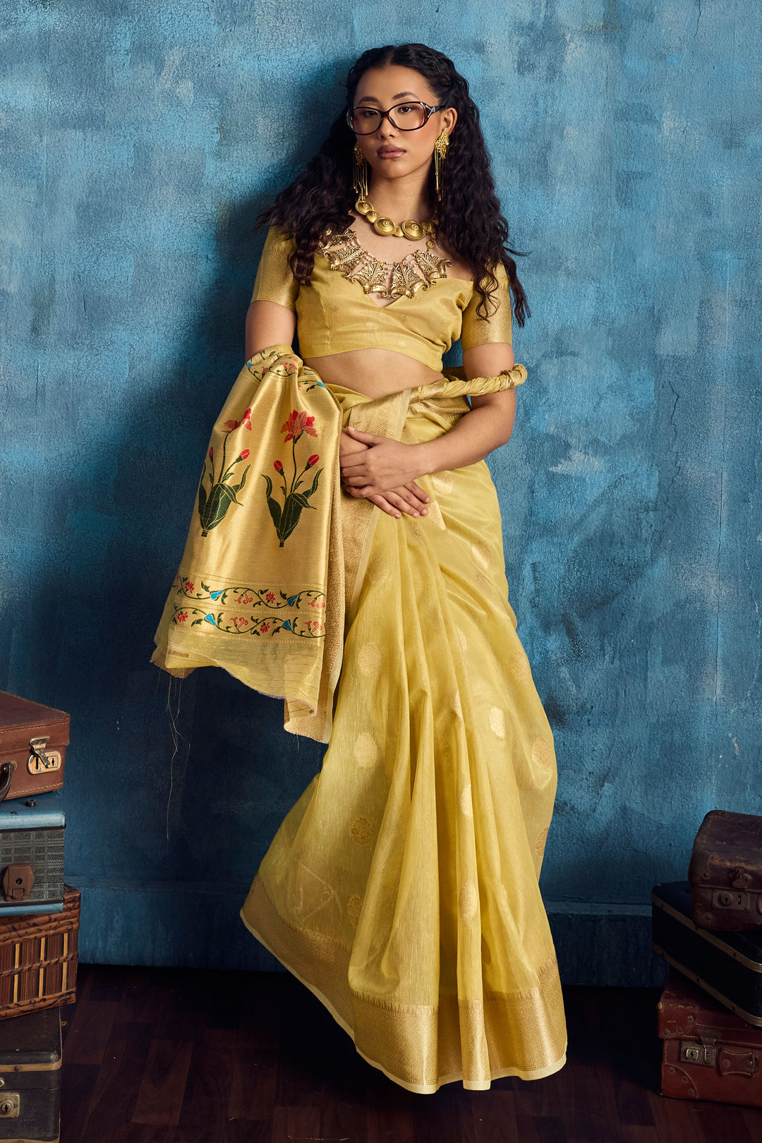 Awesome Weaving Work On Yellow Color Tissue Saree | Buy Online India