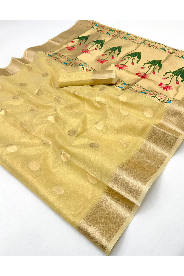 Awesome Weaving Work On Yellow Color Tissue Saree | Buy Online India